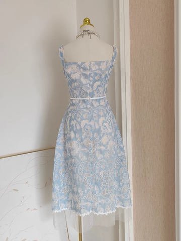 A line Straps Sleeveless Blue Lace Party Dress Holiday Birthday Dresses For Women SD361